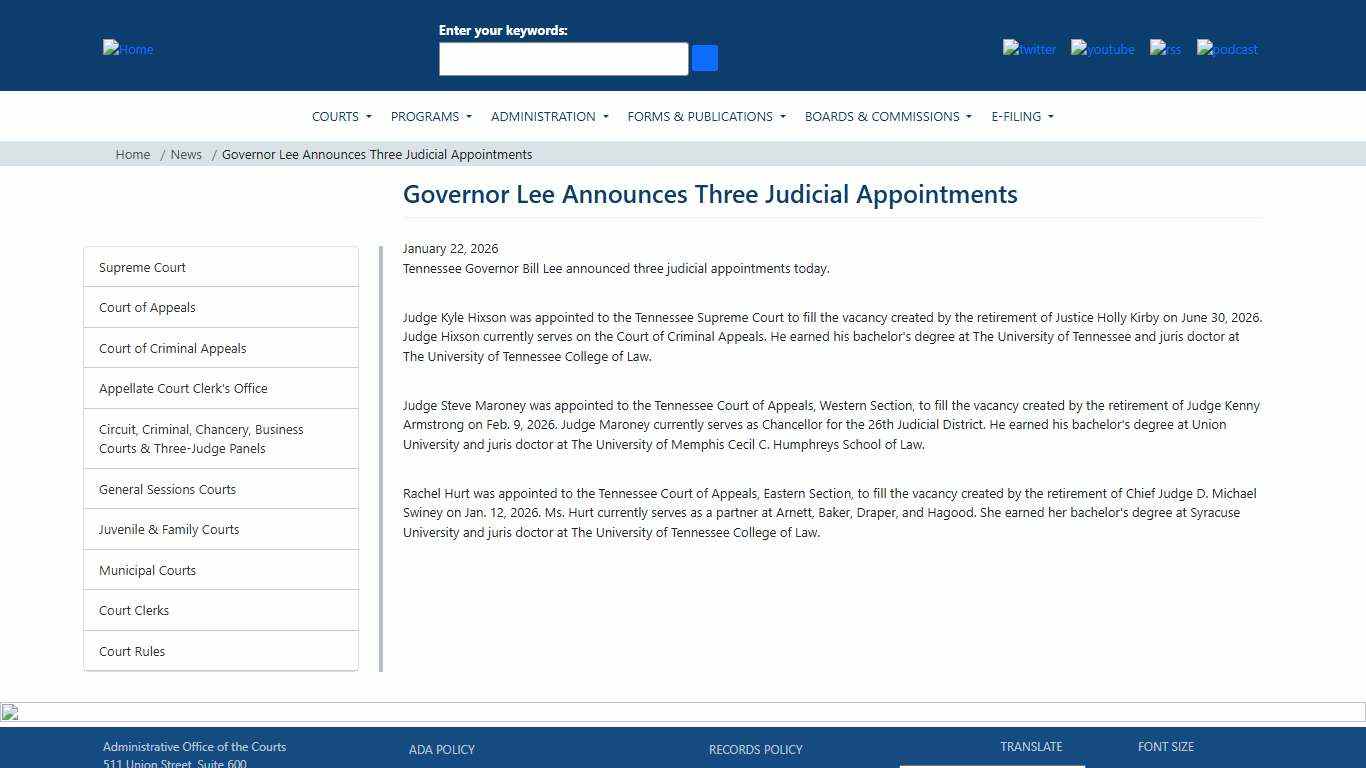 Governor Lee Announces Three Judicial Appointments Tennessee Administrative Office of the Courts