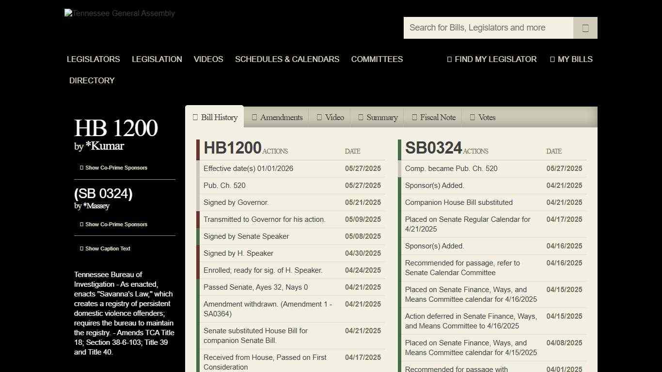 Tennessee General Assembly Legislation